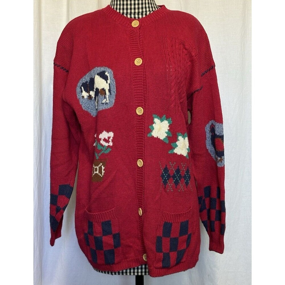 Vintage Bryn Connelly Knit Cottagecore Farm Print Cardigan Sweater Size Small